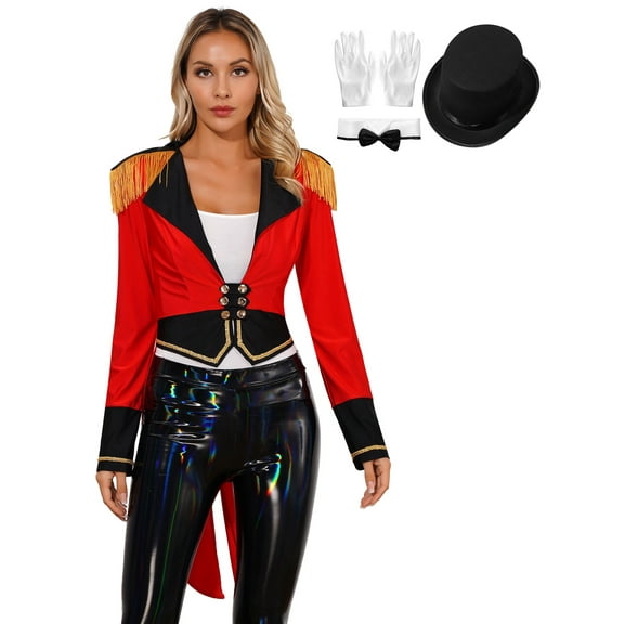 iiniim Circus Ringmaster Costume for Womens Showman Halloween Costume Velvet Magician Tailcoat Set Red C XXL