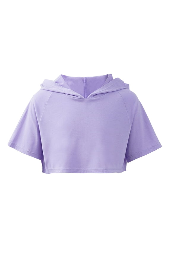 Dance Crop Sweatshirt Hooded Pullover Girls Short Sleeve Cropped Hoodie Tops Gymnastics Tee Shirt Lavender 8