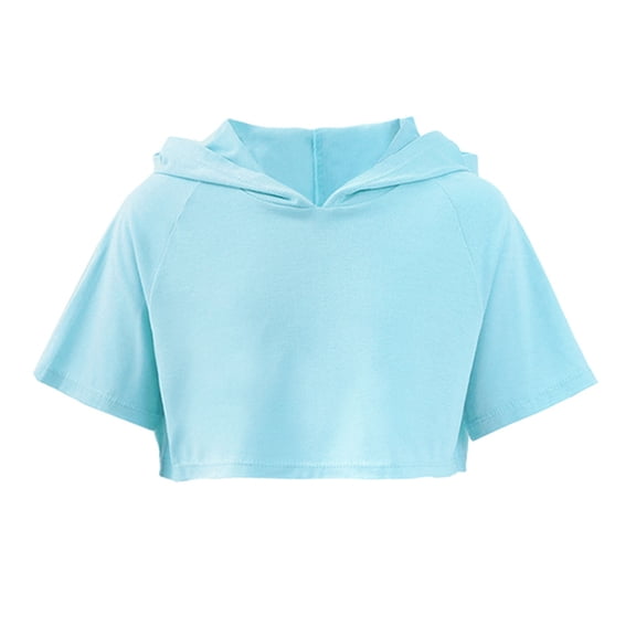 iiniim Dance Crop Sweatshirt Hooded Pullover Girls Short Sleeve Cropped Hoodie Tops Gymnastics Tee Shirt Light Blue 6