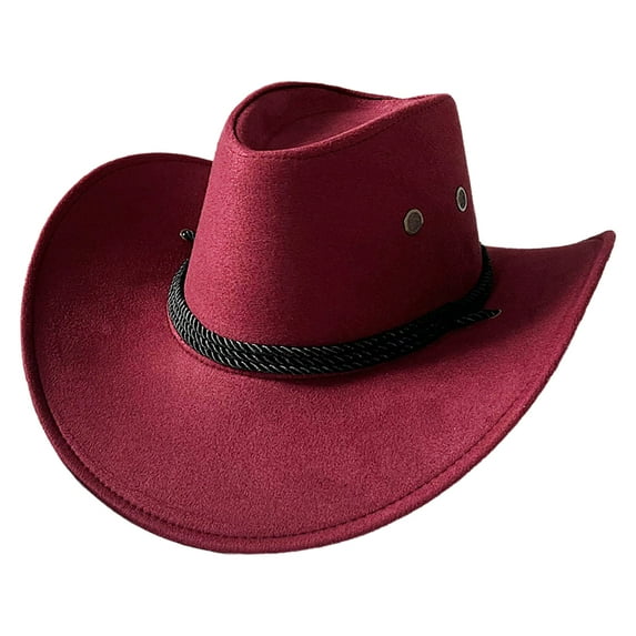 iiniim Felt Cowboy Hat American Western Wide Brim Sun Hat Outdoor Riding Drawstring Hat Burgundy One Size