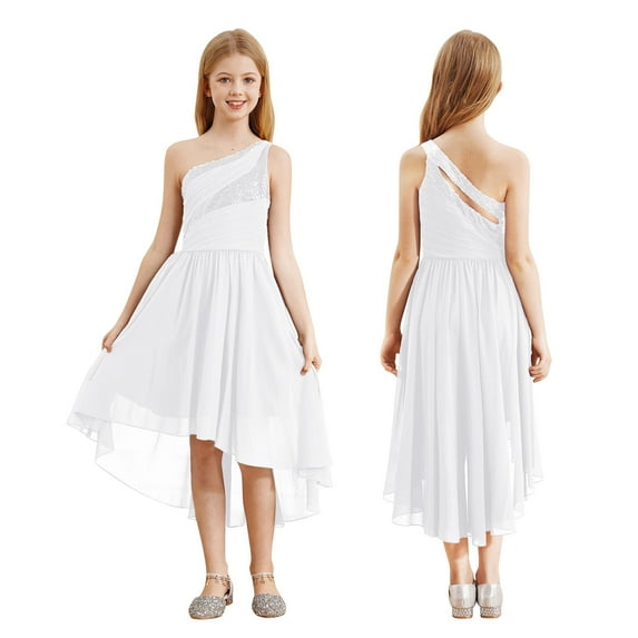 iiniim Flower Girl High Low Dress Kids Sparkly Sequins Ruched Chiffon Wedding Bridesmaid Dress Silver 12