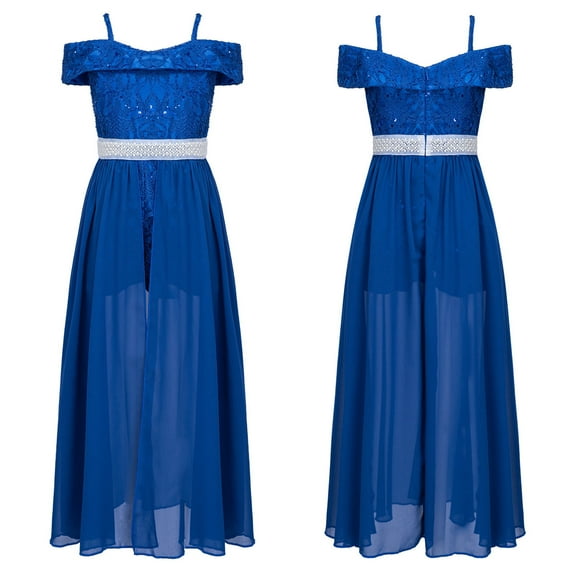 iiniim Flower Girls Dress Kids Off Shoulder Lace Chiffon Maxi Romper Dress Princess Pageant Evening Ball Gown