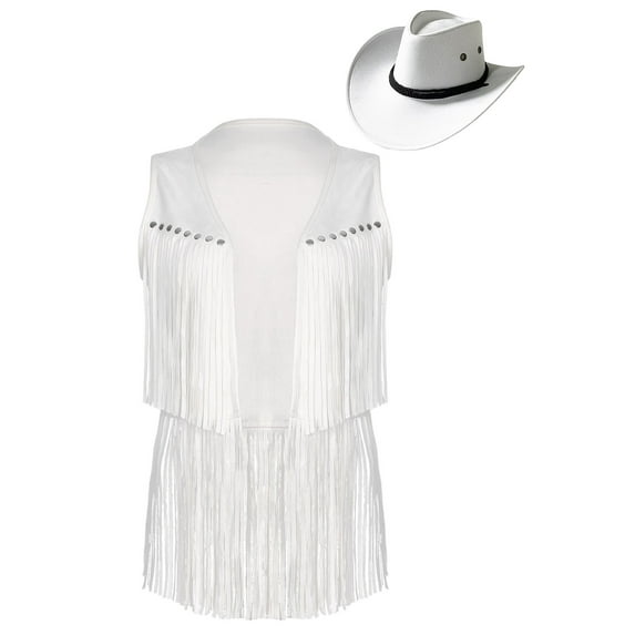 iiniim Fringe Vests Cowgirl Outfits for Women 70s Hippie Clothes Vest Jacket Faux Suede Tassels Cowgirl Hat White XL