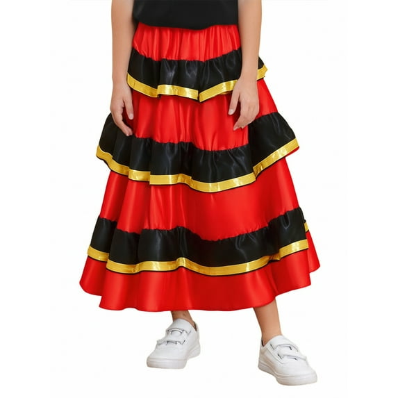 iiniim Full Circle Flamenco Bull Skirts Performance Costume Belly Dance Skirt Spanish Dancewear Red&Black 155-160