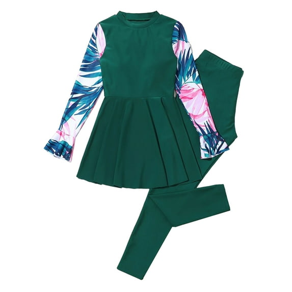 iiniim Gig Girls Athletic UPF 50+ Swimwear Long Sleeve Rash Guard Swimsuit for Surfing Diving 7-14 Green 11-12