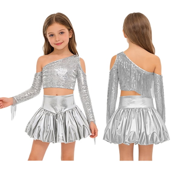 iiniim Girl's 2 Piece Dance Outfits Jazz Hip Hop Performance Dance Top and Metallic Bubble Skirts Set Silver 16