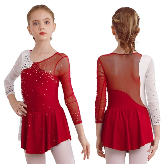 iiniim Kids Girls Figure Skating Dress Long Sleeves Ballet Dance Skirted Leotards Gymnastics Size 6-16 A Burgundy 10