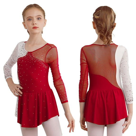 iiniim Kids Girls Figure Skating Dress Long Sleeves Ballet Dance Skirted Leotards Gymnastics Size 6-16 A Burgundy 16