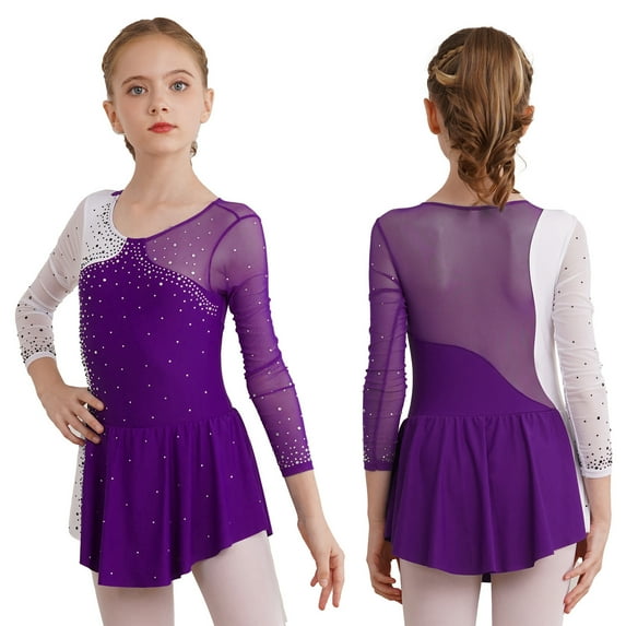 iiniim Kids Girls Figure Skating Dress Long Sleeves Ballet Dance Skirted Leotards Gymnastics Size 6-16 Purple 14
