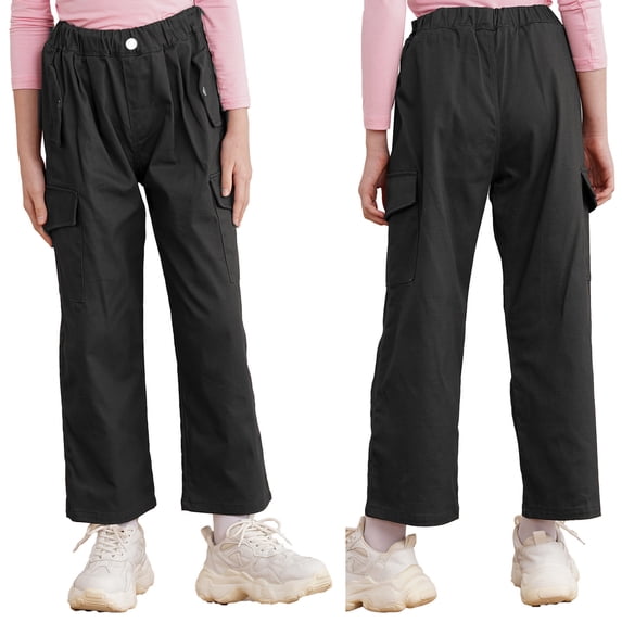 iiniim Girl's Casual Cargo Jogger Pants Athletic Hiking Sports Sweatpants Loose Street Hip Hop Dance Trousers Black 12