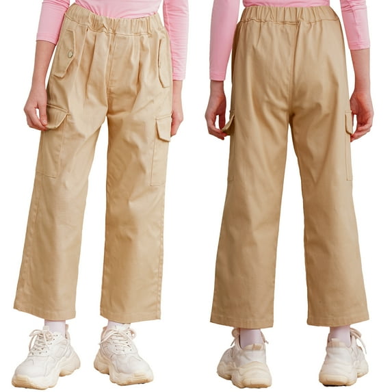 iiniim Girl's Casual Cargo Jogger Pants Athletic Hiking Sports Sweatpants Loose Street Hip Hop Dance Trousers Khaki 12