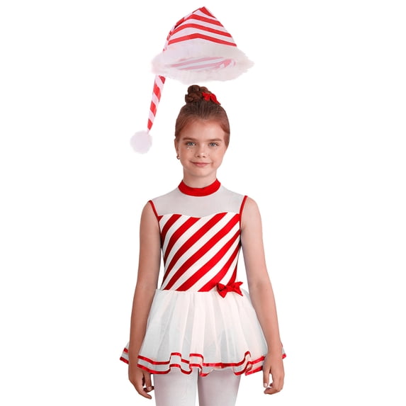 iiniim Girl's Christmas Holiday Skating Striped Santa Tutu Dress with Hat Set Red 10