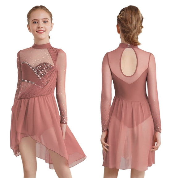 iiniim Girl's Figure Skating Lyrical Dance Dress Gymnastics Skirt Modern Competition Ballet Leotard Irregular Dusty Pink 16