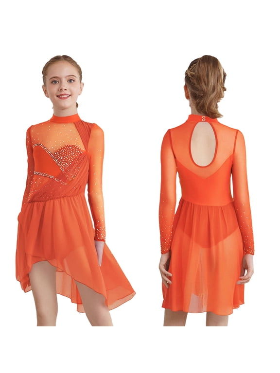 Girl's Figure Skating Lyrical Dance Dress Gymnastics Skirt Modern Competition Ballet Leotard Irregular Orange 16