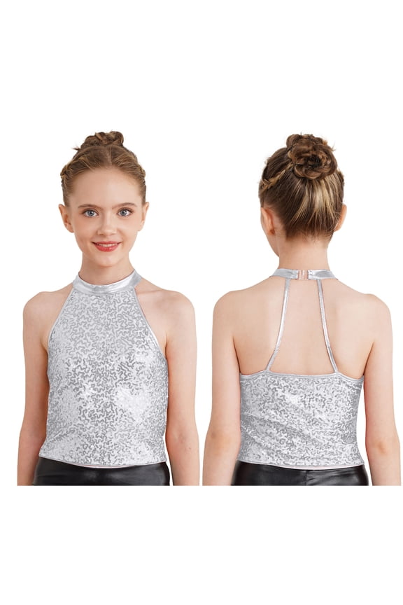 Girl's Glitter Sequins Jazz Ballet Hip Hop Tank Top Sleeveless Halter Neck Vest Dancewear A Silver 12