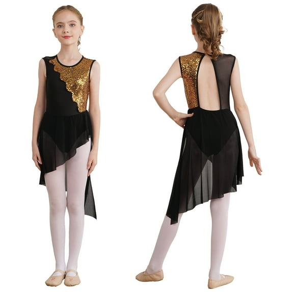 iiniim Girl's Irregular Hem Lyrical Dance Costume Sequin Halter Ballet Contemporary Dress Size 6-16 Black 6