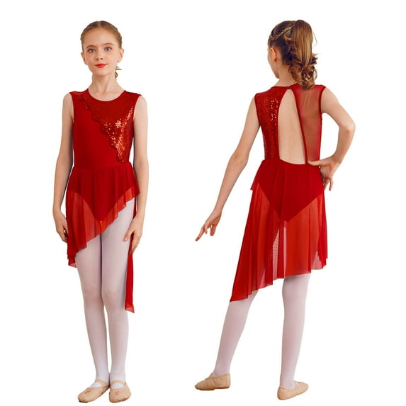 iiniim Girl's Irregular Hem Lyrical Dance Costume Sequin Halter Ballet Contemporary Dress Size 6-16 Red 16