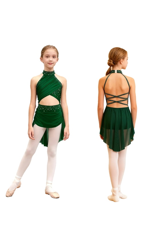 Girls Ballet Lyrical Dance Sleeveless Rhinestone Figure Ice Skating Dress Dancewear Green 6