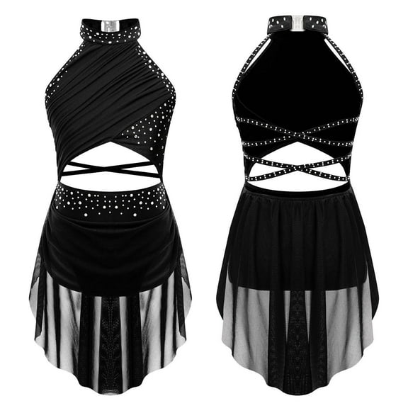 iiniim Girl's Lyrical Dance Dress Ballet Gymnastics Skirted Leotard Latin Jazz Modern Dancwear Black 14