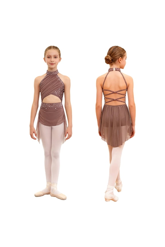 Girls Ballet Lyrical Dance Sleeveless Rhinestone Figure Ice Skating Dress Dancewear Dusty Pink 10