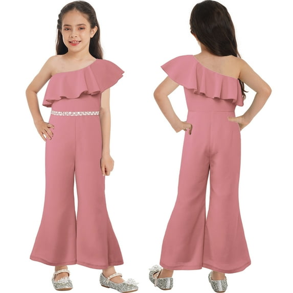 iiniim Girl's Sparkly Party Romper Dress One Shoulder Casual Flare Pants High Waisted Ruffles Jumpsuit 6-16 Dusty Pink 16