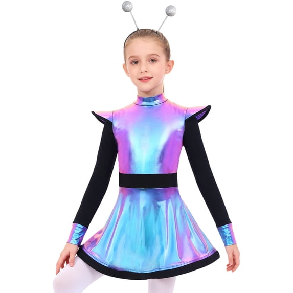 iiniim Girls 2 Pcs Alien Dress Galaxy Robot Fancy Dress-Up School Alien Show A Line Tutu Dress with Hair Hoop Colorful 10