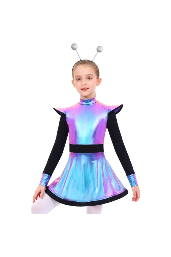 Girls 2 Pcs Alien Dress Galaxy Robot Fancy Dress-Up School Alien Show A Line Tutu Dress with Hair Hoop Colorful 8