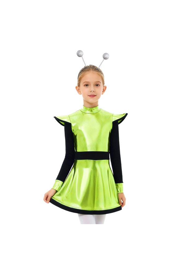 Girls 2 Pcs Alien Dress Galaxy Robot Fancy Dress-Up School Alien Show A Line Tutu Dress with Hair Hoop Fluorescent Green 6
