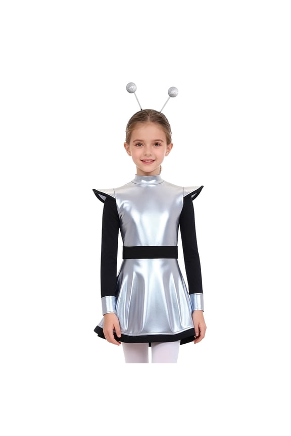 Girls 2 Pcs Alien Dress Galaxy Robot Fancy Dress-Up School Alien Show A Line Tutu Dress with Hair Hoop Silver 6