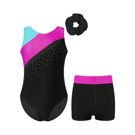 iiniim Girls 2 Piece Gymnastics Leotards with Shorts Set Kids Sleeveless Patchwork Ballet Bodysuit Tracksuit Size 6-16 Hot Pink 8