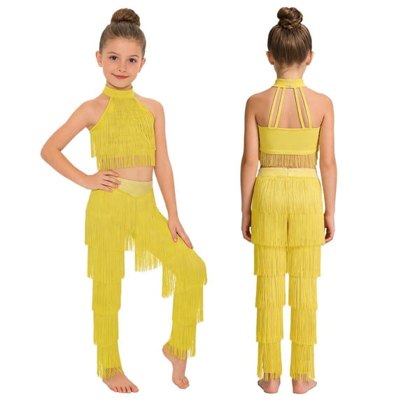 iiniim Girls 2 Piece Professional Ballroom Latin Dance Outfit Fringe Crop Top and Layered Tassel Pants Set Yellow 16