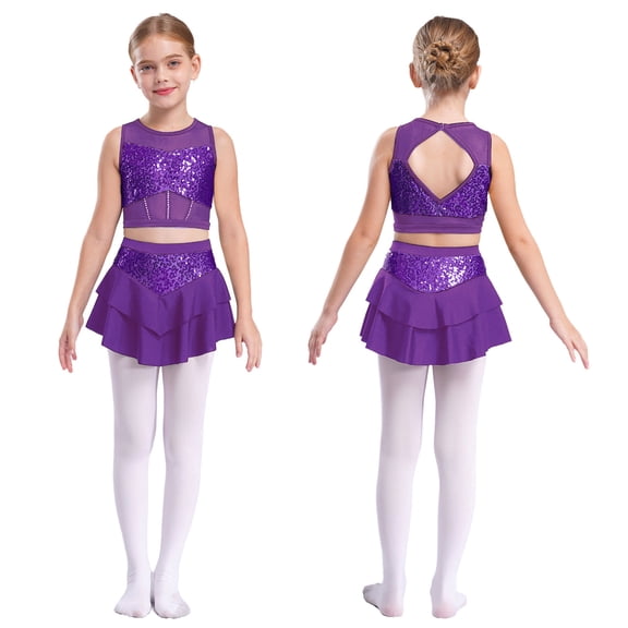 iiniim Girls 2 Piece Sequin Gym Ballet Lyrical Jazz Dance Outfit Sleeveless Crop Top with Layered Skirt Purple 10