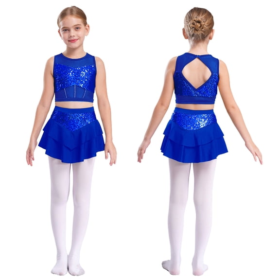 iiniim Girls 2 Piece Sequin Gym Ballet Lyrical Jazz Dance Outfit Sleeveless Crop Top with Layered Skirt Royal Blue 12
