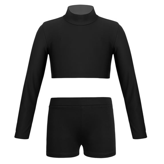 iiniim Girls 2PCS Black Long Sleeves Training Outfits Mock Neck Crop Top with Shorts Bottoms Set Sports Dancing wear