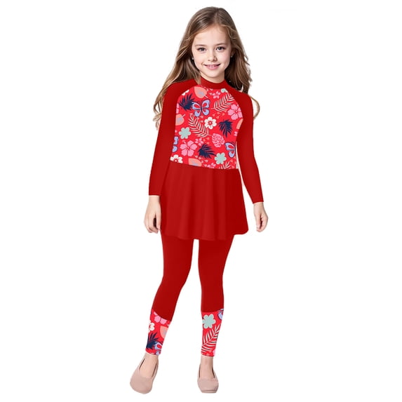 iiniim Girls 2Pcs Beach Surfing Bathing Suit Rashguard Swimsuit Kids Long Sleeve Swim Dress Pants Red 14