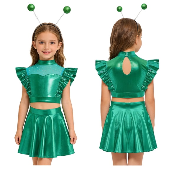 iiniim Girls 3 Pcs Alien Metallic Outfit Tops With A Line Skirt And Hair Hoop Set Rhinestones Green 14