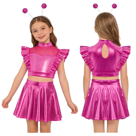 iiniim Girls 3 Pcs Alien Metallic Outfit Tops With A Line Skirt And Hair Hoop Set Rhinestones Hot Pink 12