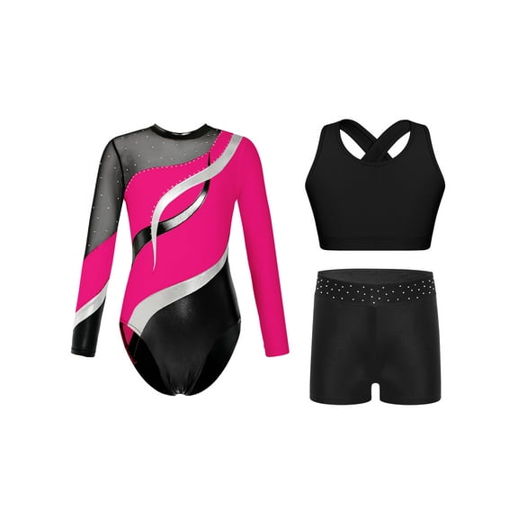 iiniim Girls 3 Piece Gymnastics Outfit Dance Bodysuit Dancewear Tank Ballet Unitards Hot Pink 8