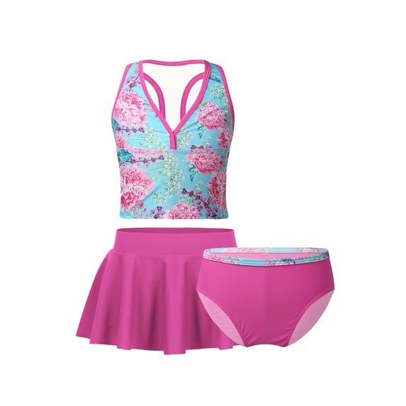 iiniim Girls' 3 Piece Swimwear Tankini Digital Printed Sleeveless Tanks Vest with Bottom Dress Bathing Suit Blue Rose Red 8-10