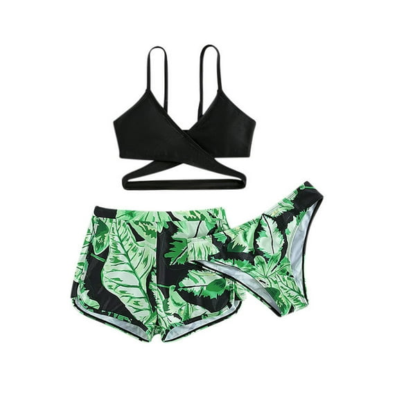 iiniim Girls 3 Pieces Fish Scales Printed Tankini Sets Swim Crop Top Bikini Bottoms Shorts Swimwear 8-14 Green 10-11
