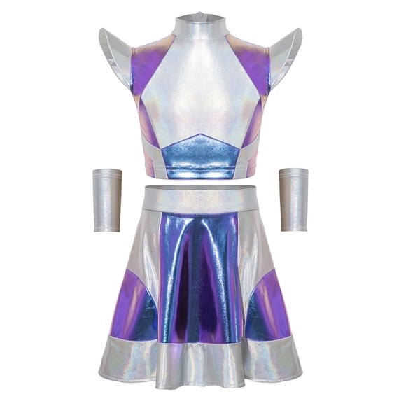 iiniim Girls 3 Pieces Halloween Alien Cosplay Outer Space Outfit Cap Sleeve Glossy Color Block Top and Skirt with Oversleeves for Role Play Party Colorful 16