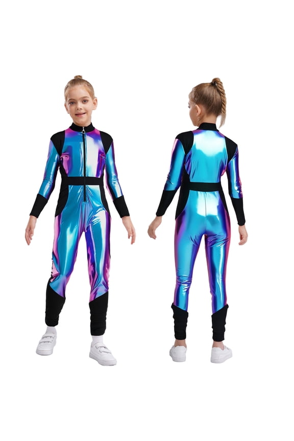 Girls Alien Robot Dance Outfit Metallic Long Sleeve Zip Neck Jumpsuit Blue 10