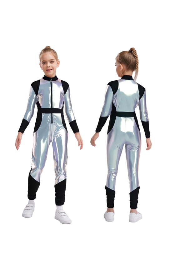 Girls Alien Robot Dance Outfit Metallic Long Sleeve Zip Neck Jumpsuit Silver 6