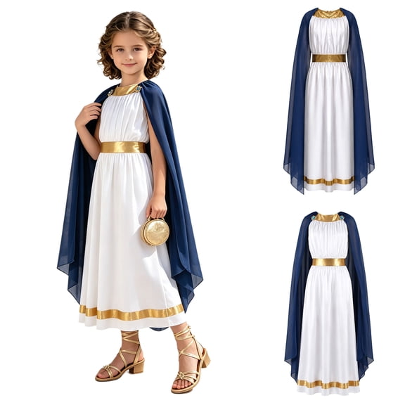 iiniim Girls Ancient Greek Side Shawl Roman Robe Sleeveless Metallic Trim Dress for Halloween Role-playing Theme Party Blue 6