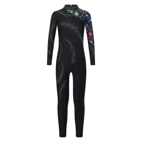 iiniim Girls Athletic Gymnastics Dance Unitard Sparkly Long Sleeve Leotard Full Body Jumpsuit 6-16 Black 14