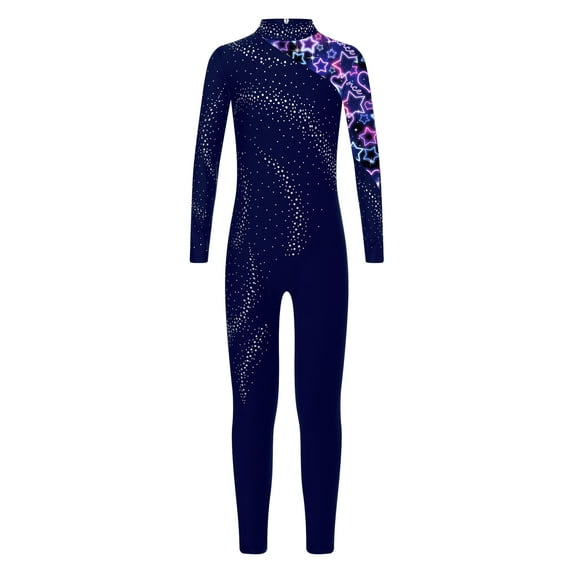 iiniim Girls Athletic Gymnastics Dance Unitard Sparkly Long Sleeve Leotard Full Body Jumpsuit 6-16 Navy Blue 6