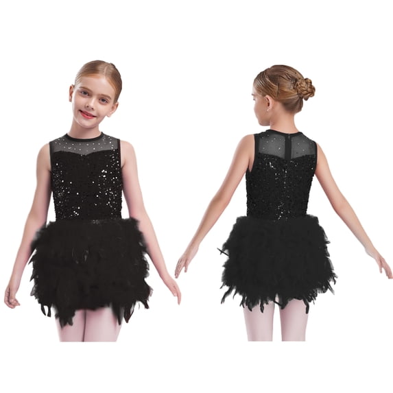iiniim Girls Ballet Sequins Feather Skirt Figure Skating Ballerina Dance Dress with Back Zipper Black 6