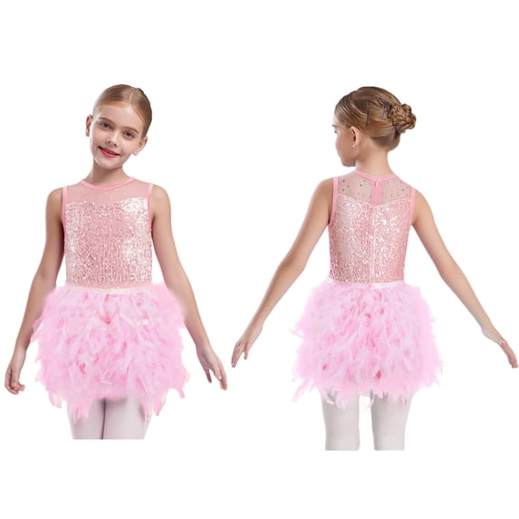 iiniim Girls Ballet Sequins Feather Skirt Figure Skating Ballerina Dance Dress with Back Zipper Pink 12