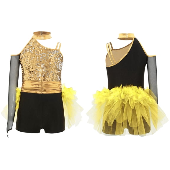 iiniim Girls Ballet Skirted Bodysuit Sequins Performance Jumpsuit Asymmetrical Latin Jazz Dance Leotard Dress Gold 12