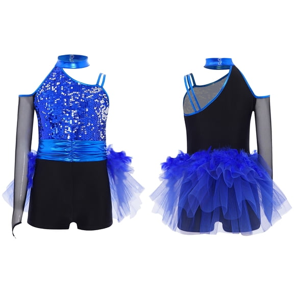 iiniim Girls Ballet Skirted Bodysuit Sequins Performance Jumpsuit Asymmetrical Latin Jazz Dance Leotard Dress Royal Blue 6